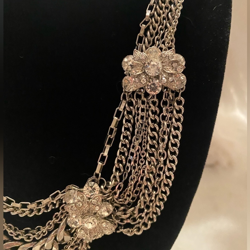 Silver-Toned Chains and Rhinestone Statement Necklace - Picture 2 of 3